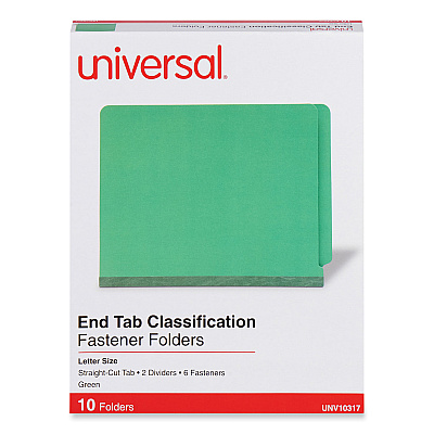 Universal Deluxe Six-Section Pressboard End Tab Classification Folders, 2 Dividers, 6 Fasteners, Letter Size, Green, 10/Box (UNV10317)