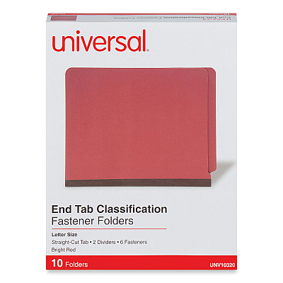 Universal Deluxe Six-Section Pressboard End Tab Classification Folders, 2 Dividers, 6 Fasteners, Letter Size, Bright Red, 10/Box (UNV10320)