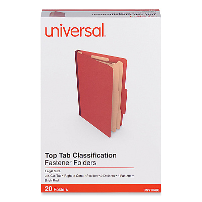 Universal Six-Section Classification Folders, Heavy-Duty Pressboard Cover, 2 Dividers, 6 Fasteners, Legal Size, Brick Red, 20/Box (UNV10403)