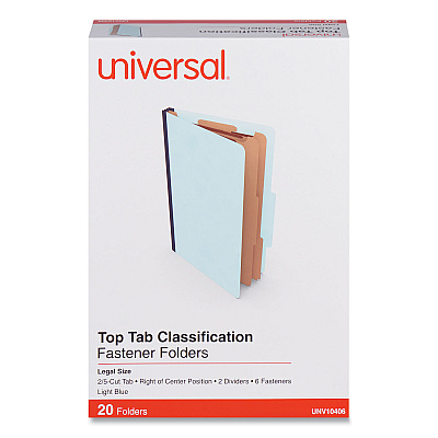 Universal Six-Section Classification Folders, Heavy-Duty Pressboard Cover, 2 Dividers, 6 Fasteners, Legal Size, Light Blue, 20/Box (UNV10406)