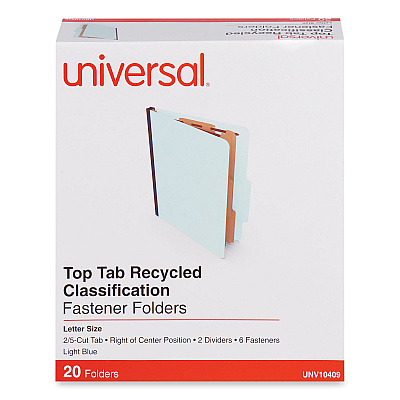 Universal Six-Section Classification Folders, Heavy-Duty Pressboard Cover, 2 Dividers, 6 Fasteners, Letter Size, Light Blue, 20/Box (UNV10409)
