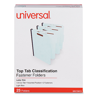 Universal Top Tab Classification Folders, 1" Expansion, 2 Fasteners, Letter Size, Light Blue Exterior, 25/Box (UNV10415)