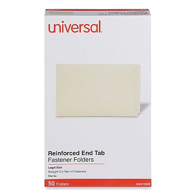 Universal Reinforced End Tab Fastener Folders, 0.75" Expansion, 2 Fasteners, Legal Size, Manila Exterior, 50/Box (UNV13220)