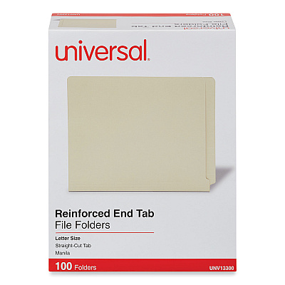 Universal Deluxe Reinforced End Tab Folders, 9" High Front, Straight Tabs, Letter Size, 0.75" Expansion, Manila, 100/Box (UNV13300)