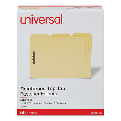 Universal Deluxe Reinforced Top Tab Fastener Folders, 0.75" Expansion, 2 Fasteners, Letter Size, Yellow Exterior, 50/Box (UNV13524)
