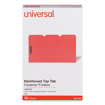 Universal Deluxe Reinforced Top Tab Fastener Folders, 0.75" Expansion, 2 Fasteners, Legal Size, Red Exterior, 50/Box (UNV13527)