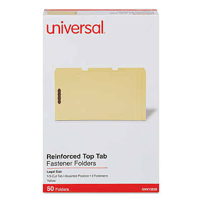 Universal Deluxe Reinforced Top Tab Fastener Folders, 0.75" Expansion, 2 Fasteners, Legal Size, Yellow Exterior, 50/Box (UNV13528)