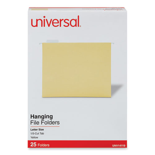 Universal Deluxe Bright Color Hanging File Folders, Letter Size, 1/5-Cut Tabs, Yellow, 25/Box (14119)