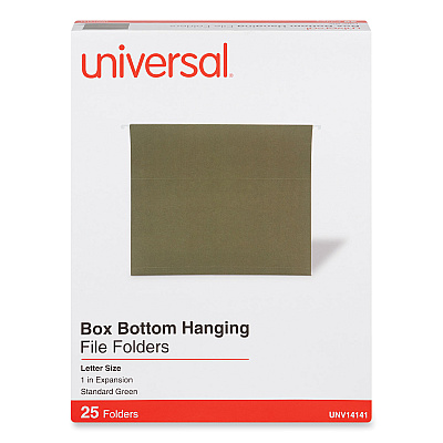 Universal Box Bottom Hanging File Folders, 1" Capacity, Letter Size, 1/5-Cut Tabs, Standard Green, 25/Box (UNV14141)