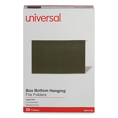 Universal Box Bottom Hanging File Folders, 3" Capacity, Legal Size, 1/5-Cut Tabs, Standard Green, 25/Box (UNV14153)