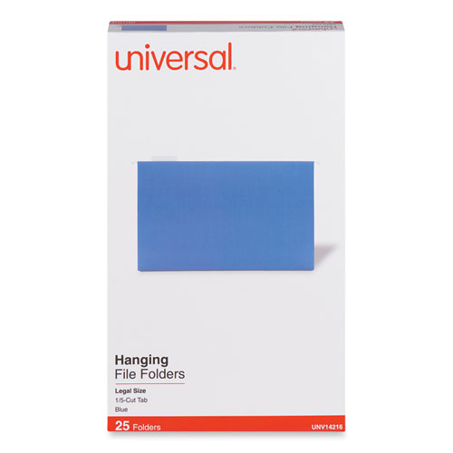 Universal Deluxe Bright Color Hanging File Folders, Legal Size, 1/5-Cut Tabs, Blue, 25/Box (14216)