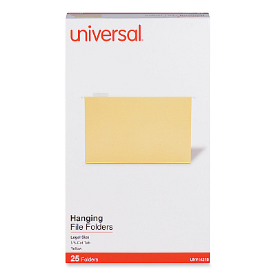 Universal Deluxe Bright Color Hanging File Folders, Legal Size, 1/5-Cut Tabs, Yellow, 25/Box (UNV14219)