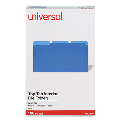 Universal Interior File Folders, 1/3-Cut Tabs: Assorted, Legal Size, 11-pt Stock, Blue, 100/Box (UNV15301)
