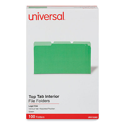 Universal Interior File Folders, 1/3-Cut Tabs: Assorted, Legal Size, 11-pt Stock, Green, 100/Box (UNV15302)
