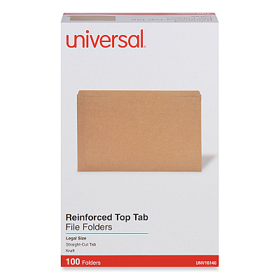 Universal Reinforced Kraft Top Tab File Folders, Straight Tabs, Legal Size, 0.75" Expansion, Brown, 100/Box (UNV16140)