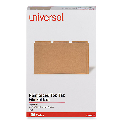 Universal Reinforced Kraft Top Tab File Folders, 1/3-Cut Tabs: Assorted, Legal Size, 0.75" Expansion, Brown, 100/Box (UNV16143)