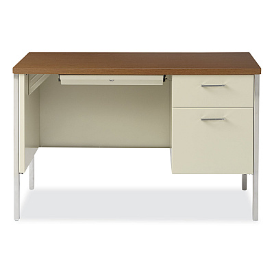 Alera Single Pedestal Steel Desk, 45.25" x 24" x 29.5", Cherry/Putty, Chrome-Plated Legs (ALESD4524PC)
