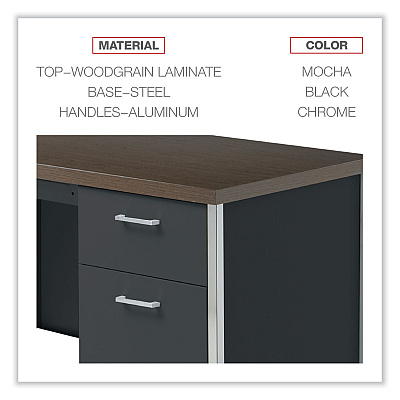 Alera Single Pedestal Steel Desk, 45.25" x 24" x 29.5", Mocha/Black, Chrome Legs (ALESD4524BM)