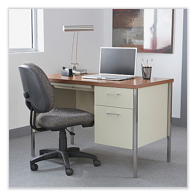 Alera Single Pedestal Steel Desk, 45.25" x 24" x 29.5", Cherry/Putty, Chrome-Plated Legs (ALESD4524PC)