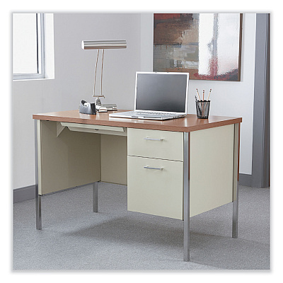 Alera Single Pedestal Steel Desk, 45.25" x 24" x 29.5", Cherry/Putty, Chrome-Plated Legs (ALESD4524PC)