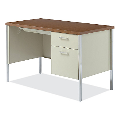 Alera Single Pedestal Steel Desk, 45.25" x 24" x 29.5", Cherry/Putty, Chrome-Plated Legs (ALESD4524PC)