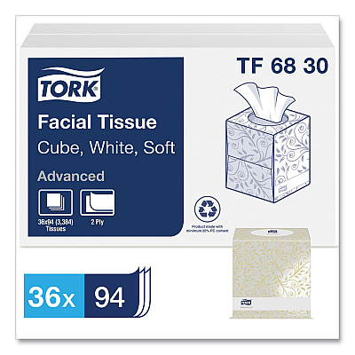 Tork Advanced Facial Tissue, 2-Ply, White, Cube Box, 94 Sheets/Box, 36 Boxes/Carton (TRKTF6830)