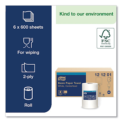 Tork Advanced Centerfeed Hand Towel, 2-Ply, 9 x 11.8, White, 600/Roll, 6/Carton (TRK121201)