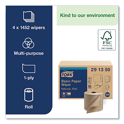 Tork Basic Paper Wiper Roll Towel, 1-Ply, 7.68" x 1,150 ft, Natural, 4 Rolls/Carton (TRK291350)