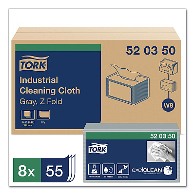 Tork Industrial Cleaning Cloths, 1-Ply, 12.6 x 15.16, Gray, 55/Pack, 8 Packs/Carton (TRK520350)