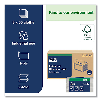 Tork Industrial Cleaning Cloths, 1-Ply, 12.6 x 15.16, Gray, 55/Pack, 8 Packs/Carton (TRK520350)