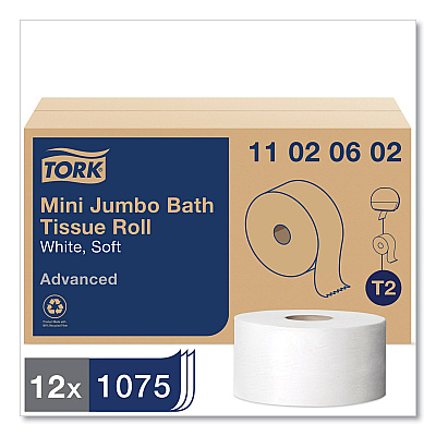 Tork Advanced Jumbo Bath Tissue, Septic Safe, 2-Ply, White, 3.48" x 751 ft, 12 Rolls/Carton (TRK11020602)