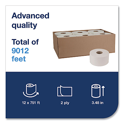 Tork Advanced Jumbo Bath Tissue, Septic Safe, 2-Ply, White, 3.48" x 751 ft, 12 Rolls/Carton (TRK11020602)