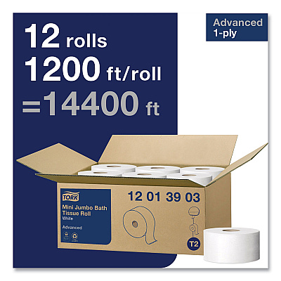 Tork Advanced Jumbo Bath Tissue, Septic Safe, 1-Ply, White, 3.48" x 1,200 ft, 12 Rolls/Carton (TRK12013903)