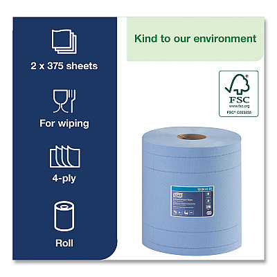 Tork Industrial Paper Wiper, 4-Ply, 11 x 15.75, Unscented, Blue, 375 Wipes/Roll, 2 Rolls/Carton (TRK13244101)