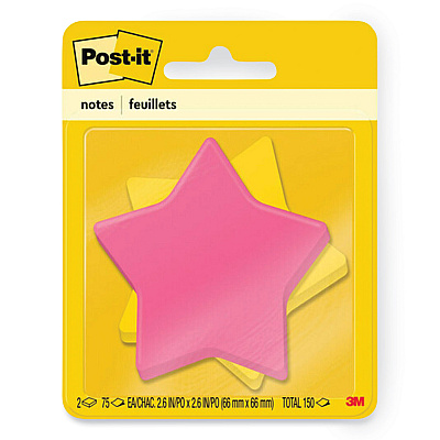 Post-it Notes Die-Cut Star Shaped Notepads, 2.6" x 2.6", Assorted Colors, 75 Sheets/Pad, 2 Pads/Pack (MMM70005114114)
