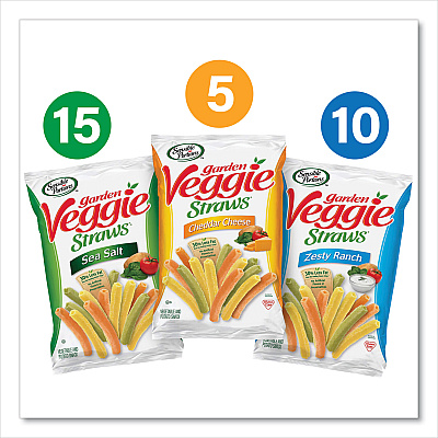Sensible Portions Veggie Straws, Cheddar Cheese/Sea Salt/Zesty Ranch, 1 oz Bag, 30 Bags/Carton (GRR22000413)