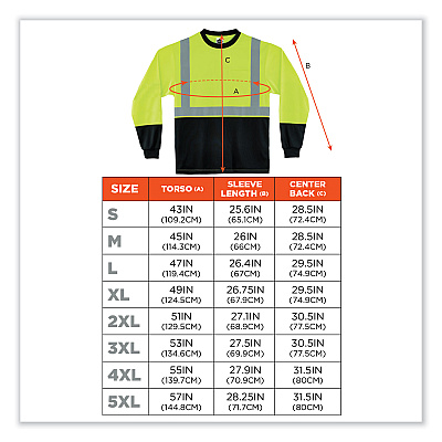 ergodyne GloWear 8291BK Type R Class 2 Black Front Long Sleeve T-Shirt, Polyester, Large, Lime (EGO22704)