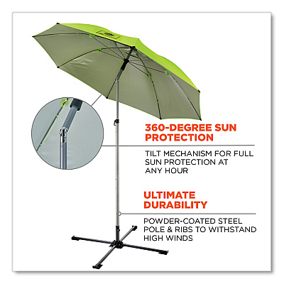 ergodyne Shax 6199 Lightweight Work Umbrella Stand Kit, 7.5 ft dia x 92" Tall, Polyester/Steel, Lime (EGO12969)