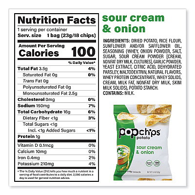 popchips Potato Chips, Variety Pack, Barbeque, Sea Salt, Sour Cream and Onion, 0.8 oz Bag, 30/Pack (GRR22001998)