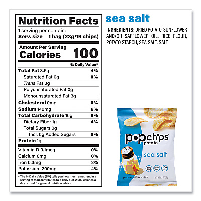 popchips Potato Chips, Variety Pack, Barbeque, Sea Salt, Sour Cream and Onion, 0.8 oz Bag, 30/Pack (GRR22001998)