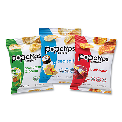 popchips Potato Chips, Variety Pack, Barbeque, Sea Salt, Sour Cream and Onion, 0.8 oz Bag, 30/Pack (GRR22001998)