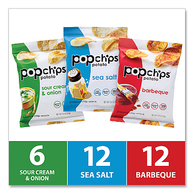 popchips Potato Chips, Variety Pack, Barbeque, Sea Salt, Sour Cream and Onion, 0.8 oz Bag, 30/Pack (GRR22001998)