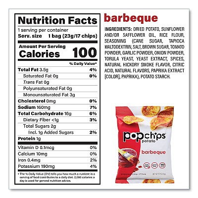 popchips Potato Chips, Variety Pack, Barbeque, Sea Salt, Sour Cream and Onion, 0.8 oz Bag, 30/Pack (GRR22001998)