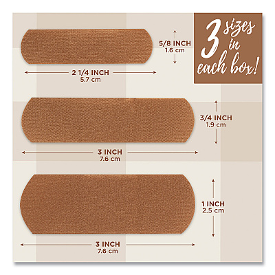 BAND-AID OurTone Adhesive Bandages, BR45, 2.25 x 0.63; 3 x 0.75; 3 x 1, Light Brown, 30/Pack (JOJ119585)