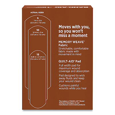 BAND-AID OurTone Adhesive Bandages, BR55, 2.25 x 0.63; 3 x 0.75; 3 x 1, Medium Brown, 30/Pack (JOJ119586)