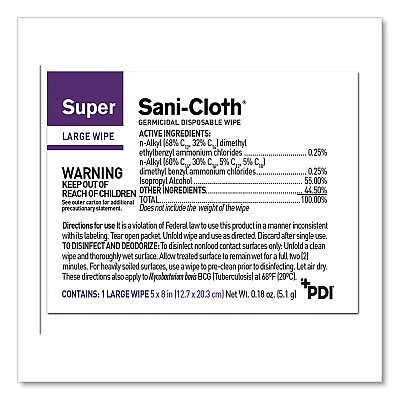Sani Professional Super Sani-Cloth Individually Wrapped Germicidal Disposable Wipes, Large, 1-Ply, 5 x 8, Unscented, White, 50/Pack (PDIH04082)