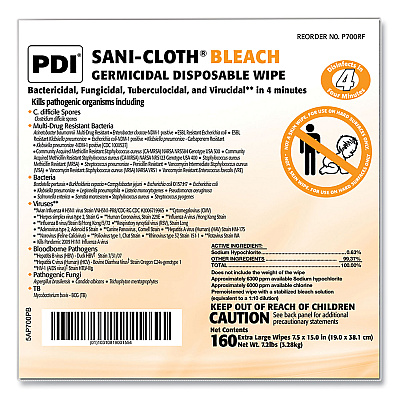 Sani Professional Sani-Cloth Bleach Germicidal Disposable Wipe Refill, 1-Ply, 7.5 x 15, Unscented, White, 160/Bag, 2 Bags/Carton (PDIP700RF)