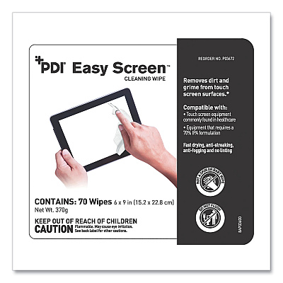 Sani Professional PDI Easy Screen Cleaning Wipes, 1-Ply, 9 x 6, Unscented, White, 70/Pack (PDIP03672)