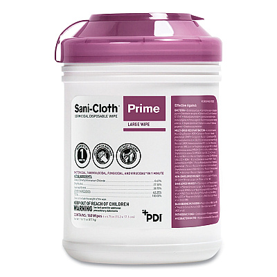 Sani Professional Sani-Cloth Prime Germicidal Disposable Wipes, Large, 1-Ply, 6 x 6.75, Unscented, White, 160/Canister, 12 Canisters/Carton (PDIP25372)