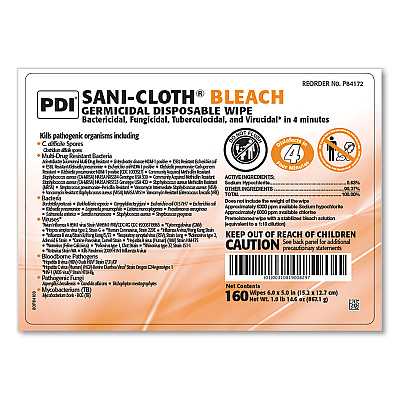 Sani Professional Sani-Cloth Bleach Germicidal Disposable Wipes, 1-Ply, 6 x 5, Unscented, White, 160/Canister, 12 Canisters/Carton (PDIP84172)